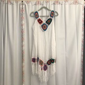 White colorful fringe crochet beach swim coverup